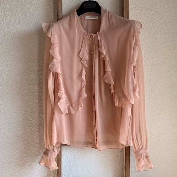 Oscar de la Renta Mauve Pink Chiffon Ruffle Button Down Blouse Sz: 12